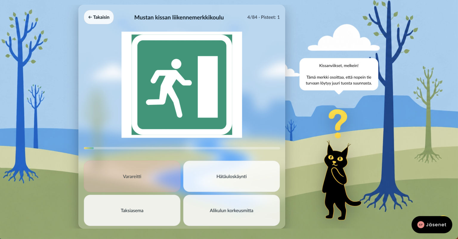 Väärän vastauksen jälkeen Musta kissa antaa vihjeen, joka auttaa päättelemään oikean vastauksen.